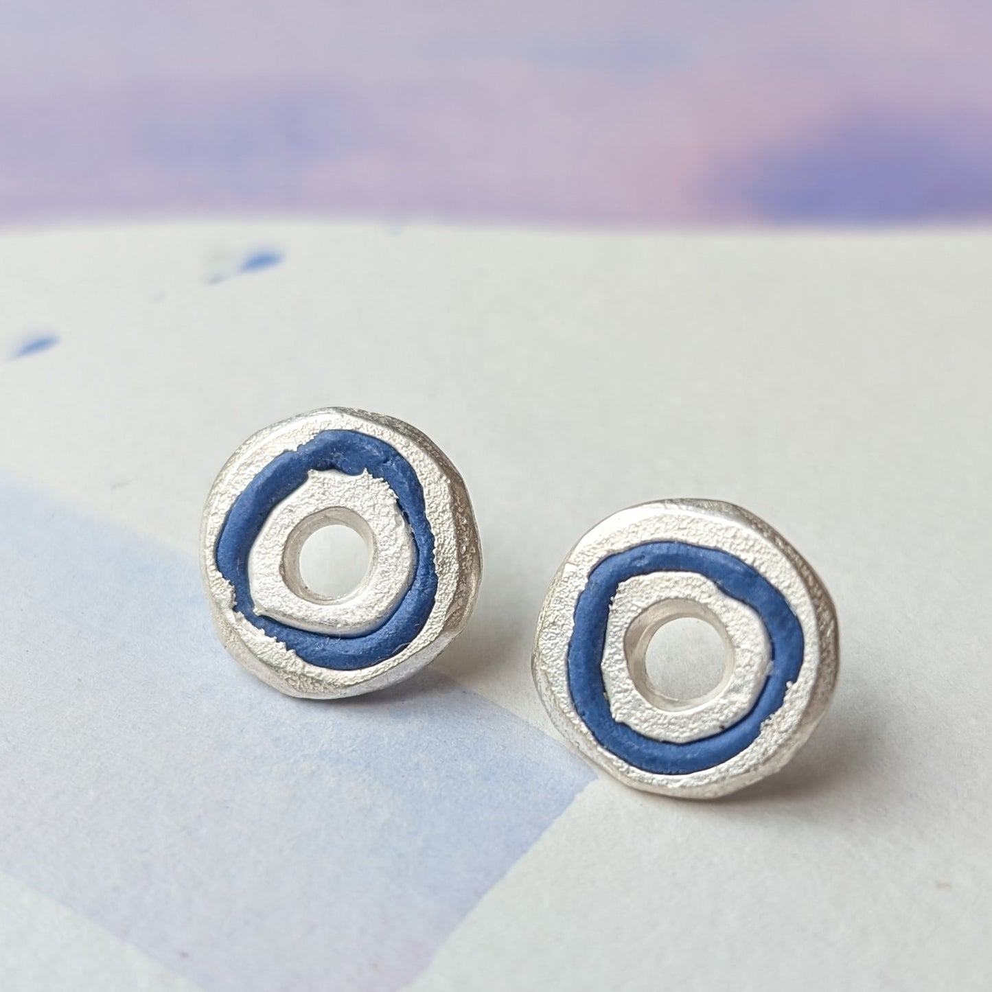 Silver + Blue Porcelain Sandcast Round Stud Earrings