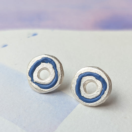 Silver + Blue Porcelain Sandcast Round Stud Earrings